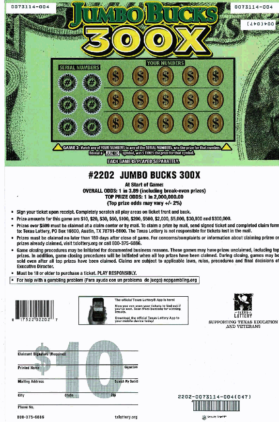 Jumbo Bucks 300x (#1)  (back of ticket)